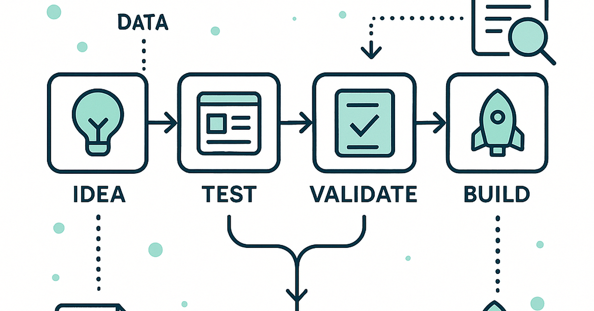 Startup validation framework illustration showing systematic testing stages and evidence collection process