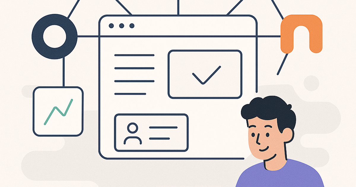 Illustration of a founder building a SaaS application using interconnected no-code platforms, symbolizing efficiency and strategic development.