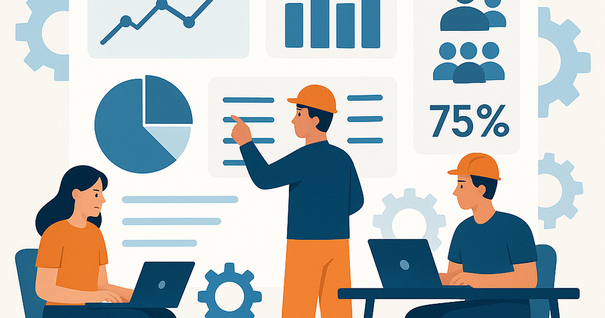 Illustration of a large engineering team's dashboard with various ROI metrics and data visualizations, symbolizing strategic decision-making.