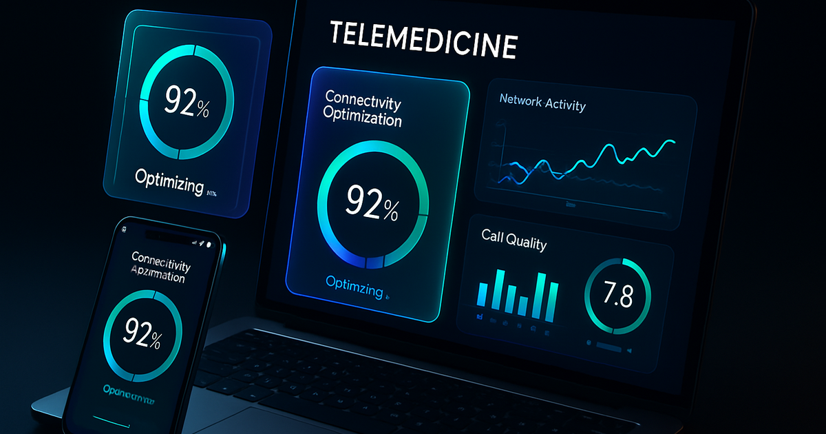 Modern telemedicine interface with connectivity optimization dashboard on dark navy background