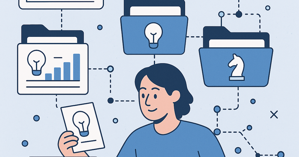 Illustration of a founder at a desk, surrounded by digital screens displaying charts, data, and various startup ideas organized into a 'founder file series' with a clear, systematic approach.