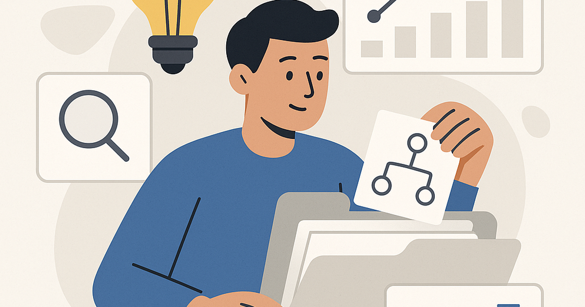 Illustration of a founder organizing research, market data, and validated ideas into a structured digital file, representing a systematic approach to startup opportunity discovery and validation.