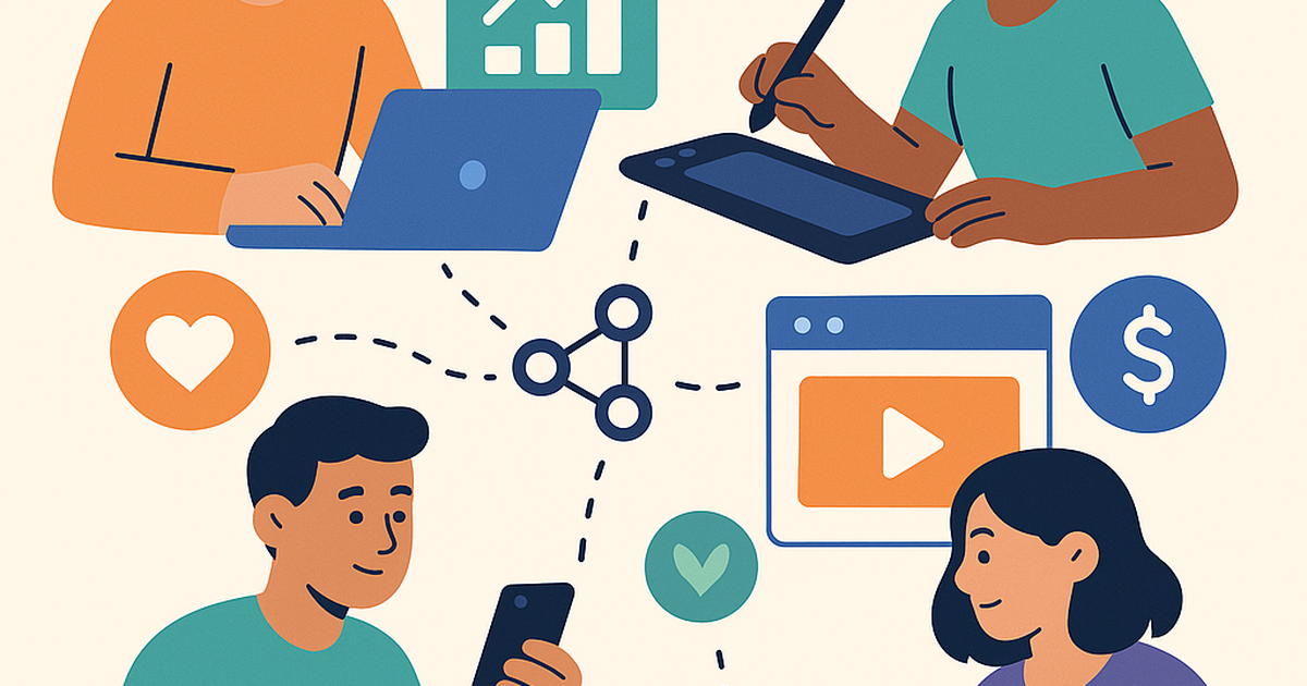 Illustration of diverse independent creators and founders using various digital tools and platforms to build and grow their businesses, symbolizing the rise of indie platforms and the creator economy.