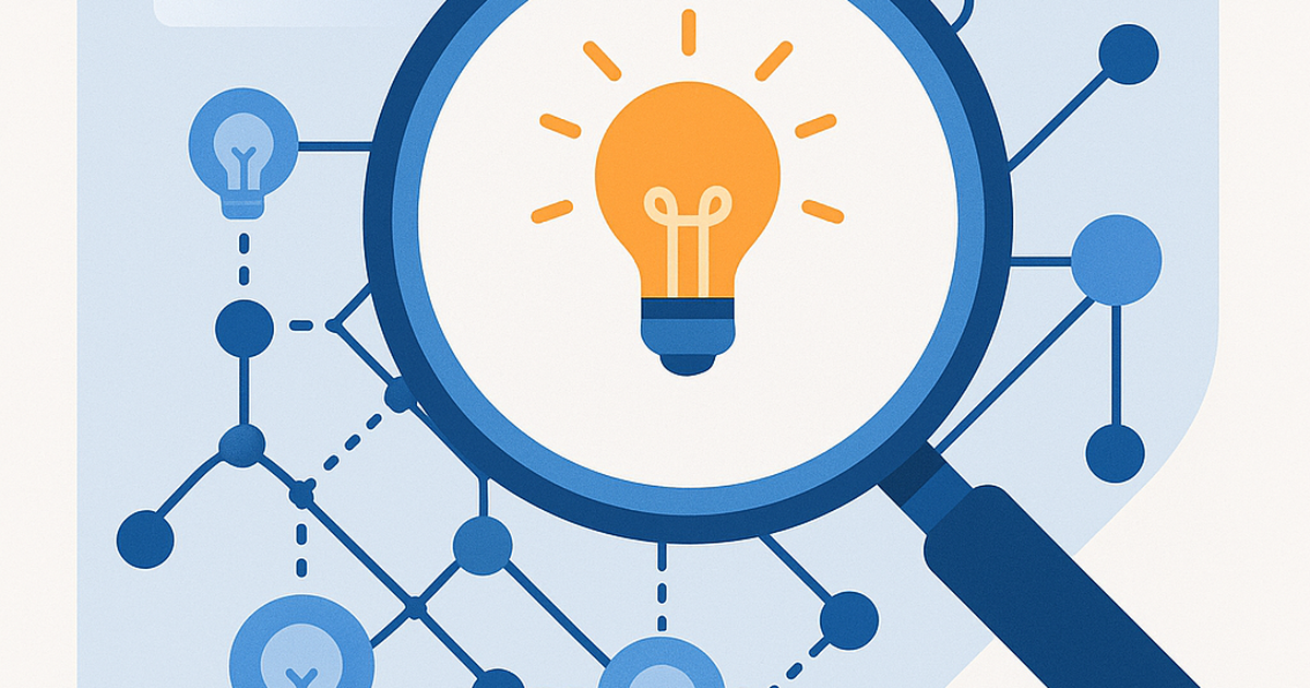 Illustration of a magnifying glass examining a network of interconnected software ideas, symbolizing strategic opportunity discovery and validation for founders.