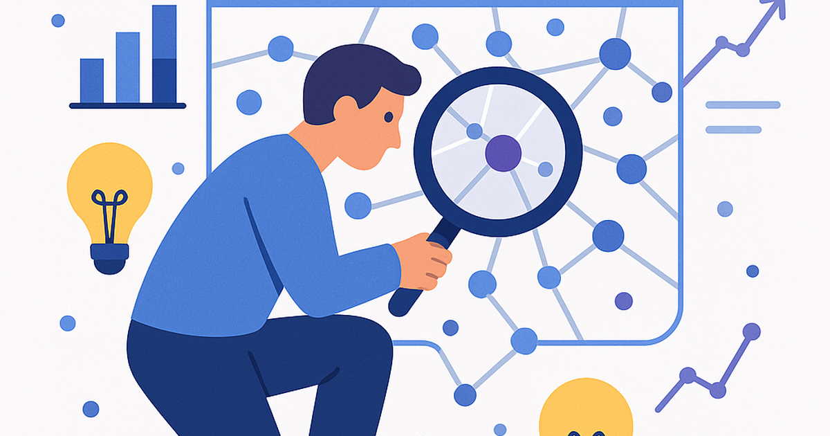Illustration of a person using a magnifying glass to find software opportunities on a digital map, symbolizing an idea finder process.