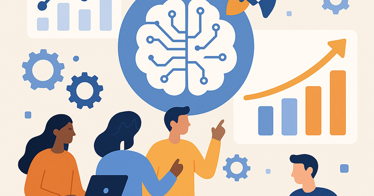 Illustration depicting AI strategies for scaling revenue, showing data flowing into an AI brain, leading to growth charts and efficient business processes.