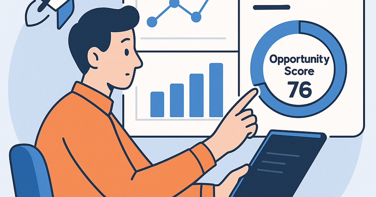 Startup founder reviewing opportunity scores and market data on Unbuilt Lab platform dashboard
