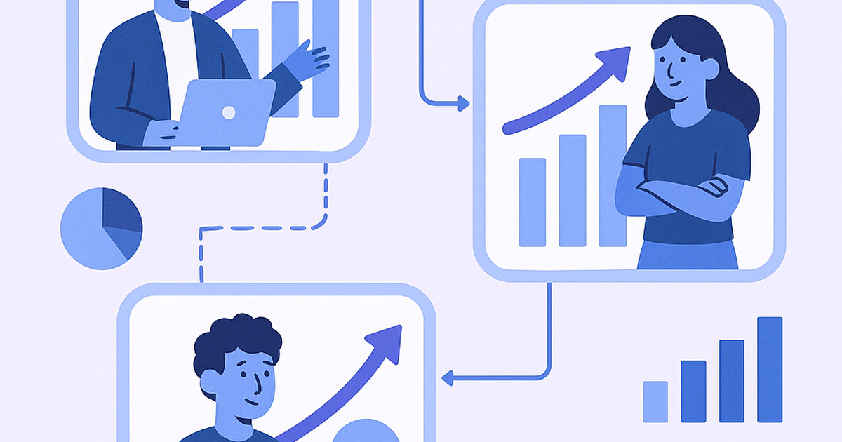 Three interconnected case study illustrations showing startup founders achieving success through data-driven validation processes