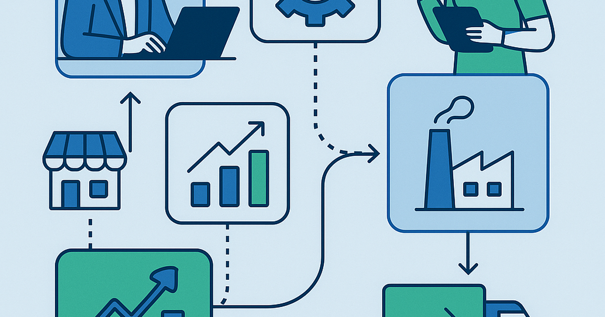 Modern flat design illustration of specialized B2B software solutions connecting various industry workflows and processes