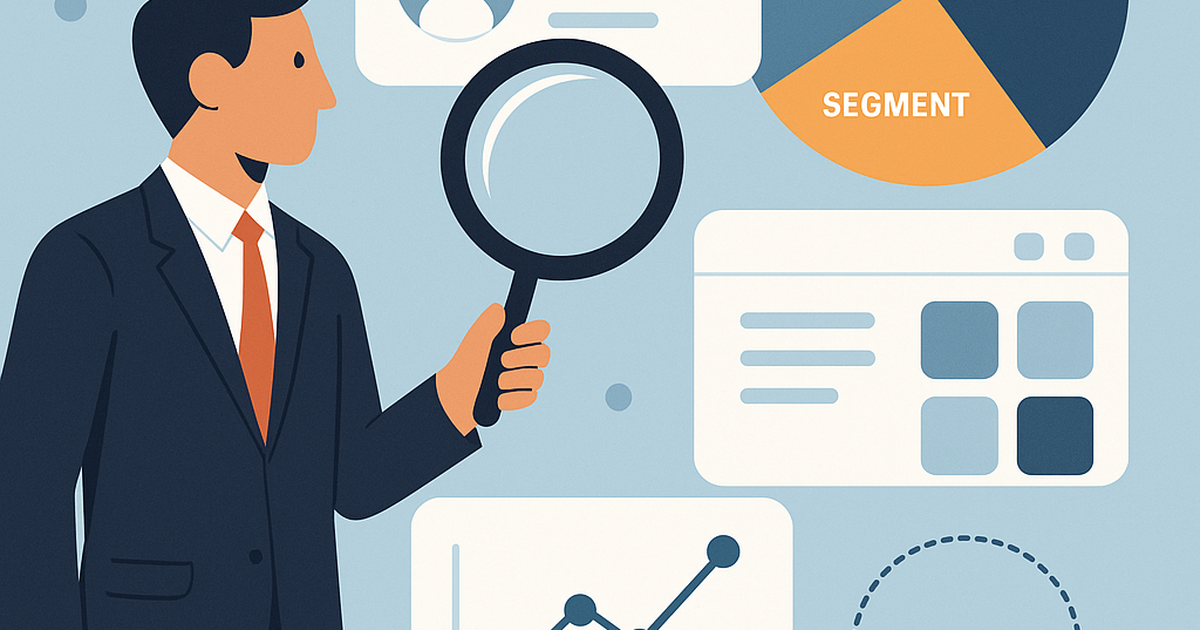 Business professional analyzing B2B software market segments with magnifying glass and interface elements