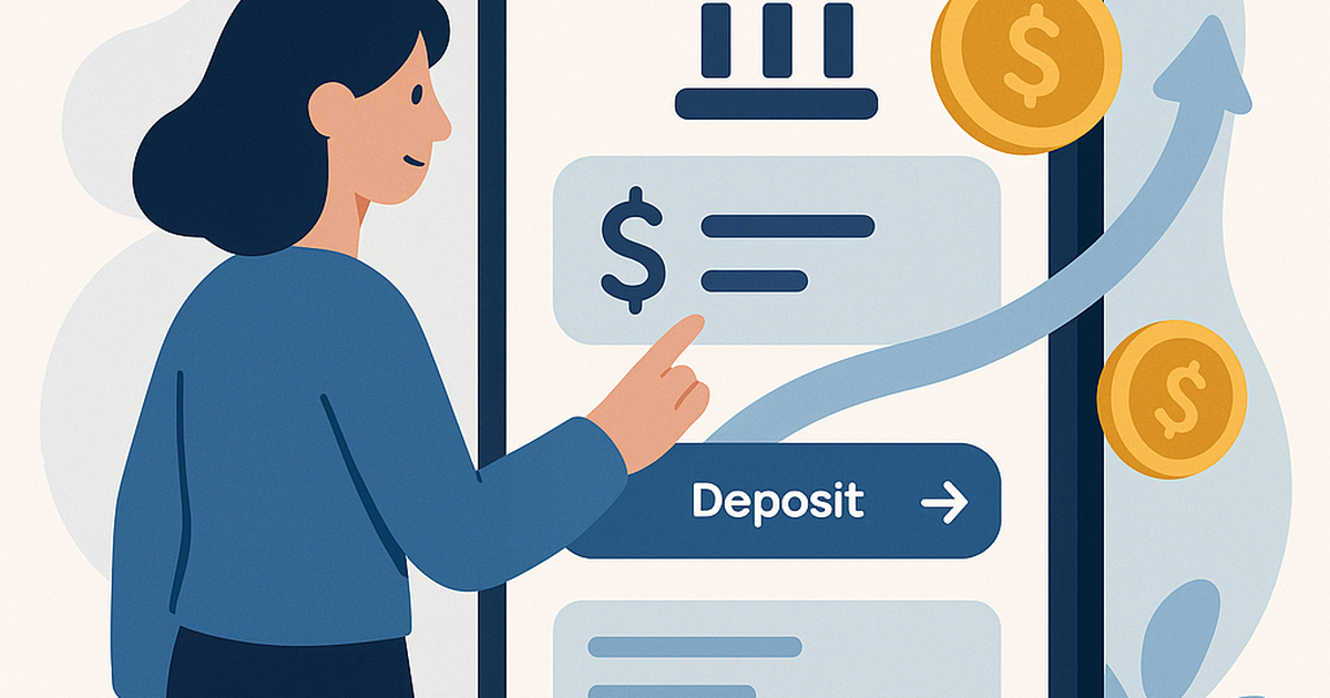 Illustration of a person using a highly intuitive banking app on a smartphone, with clean interface, financial charts, and secure transaction icons, symbolizing ease of use and financial control.