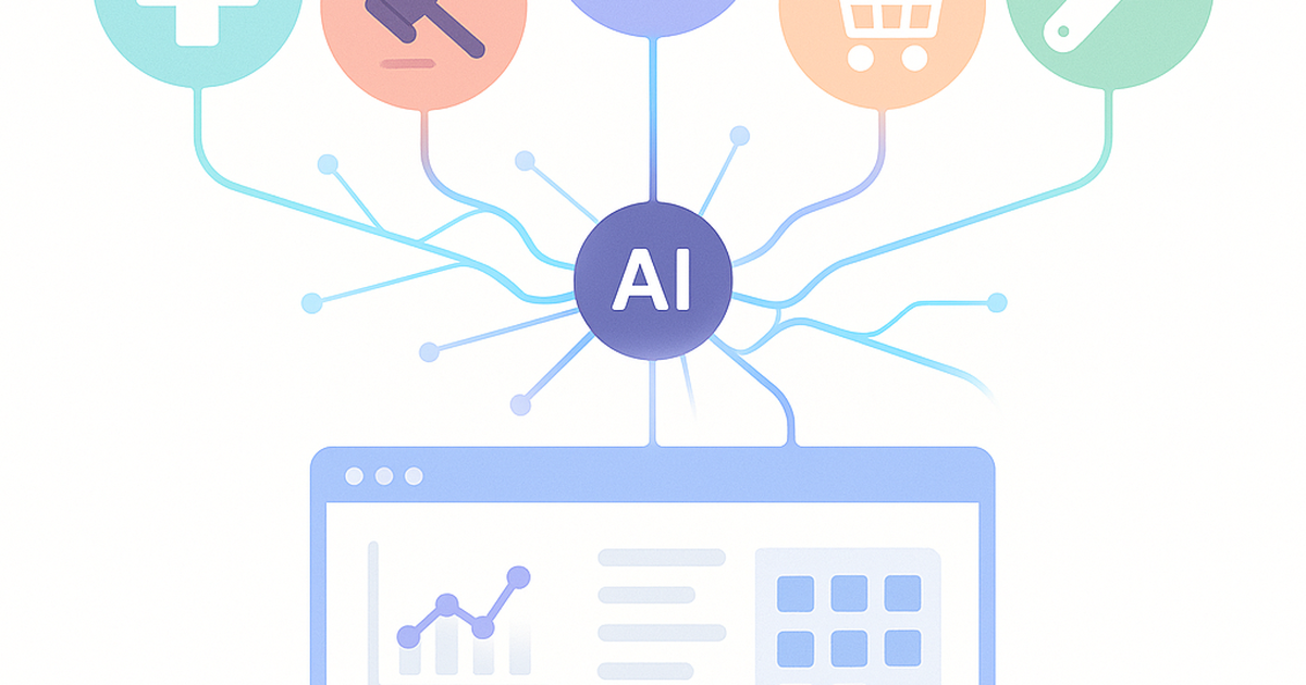 Flat design illustration of AI SaaS connecting multiple industry verticals including healthcare, legal, gaming, and e-commerce through a central intelligence platform