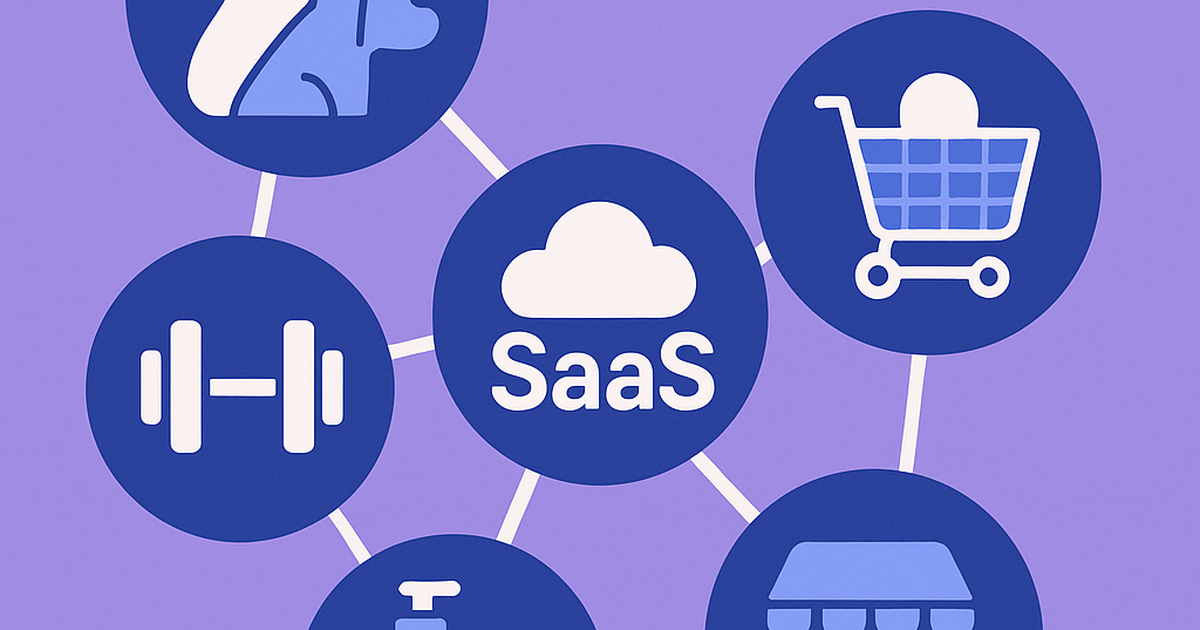 Illustration of various niche market segments connected by SaaS application icons representing untapped B2C micro SaaS opportunities