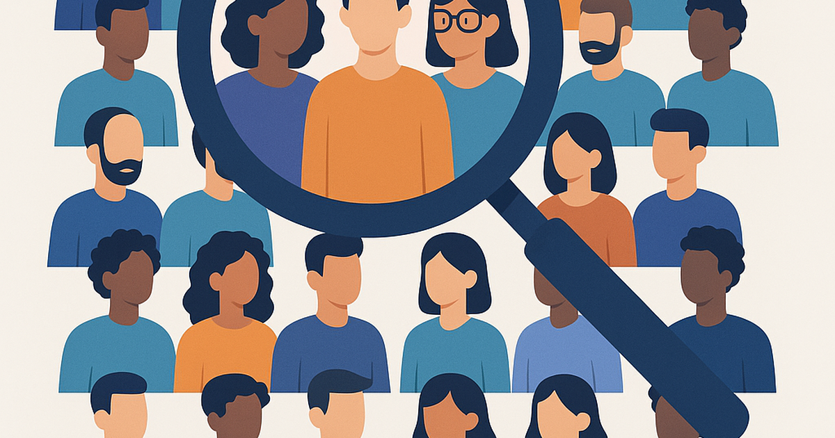 Illustration of a magnifying glass focusing on a small, distinct group of people within a larger crowd, representing the discovery of untapped B2C SaaS niches with low competition.