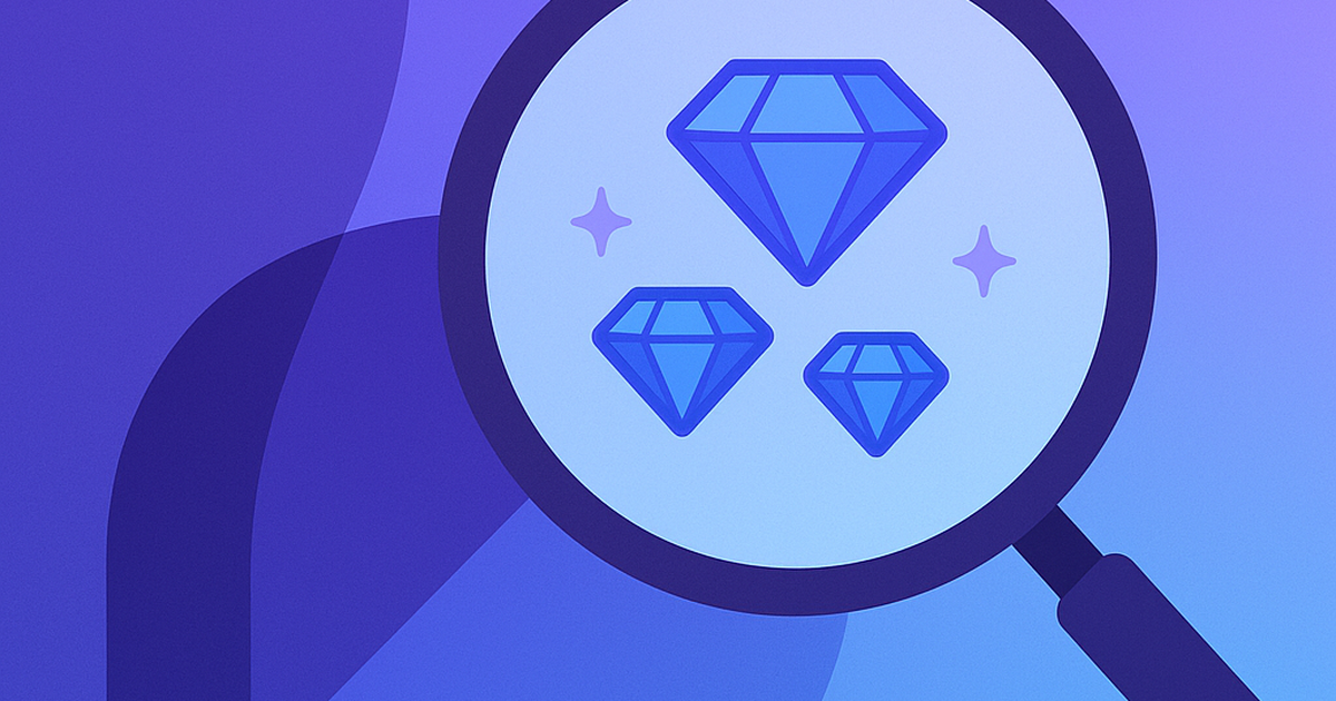 Magnifying glass discovering hidden software opportunity gems in untapped consumer markets