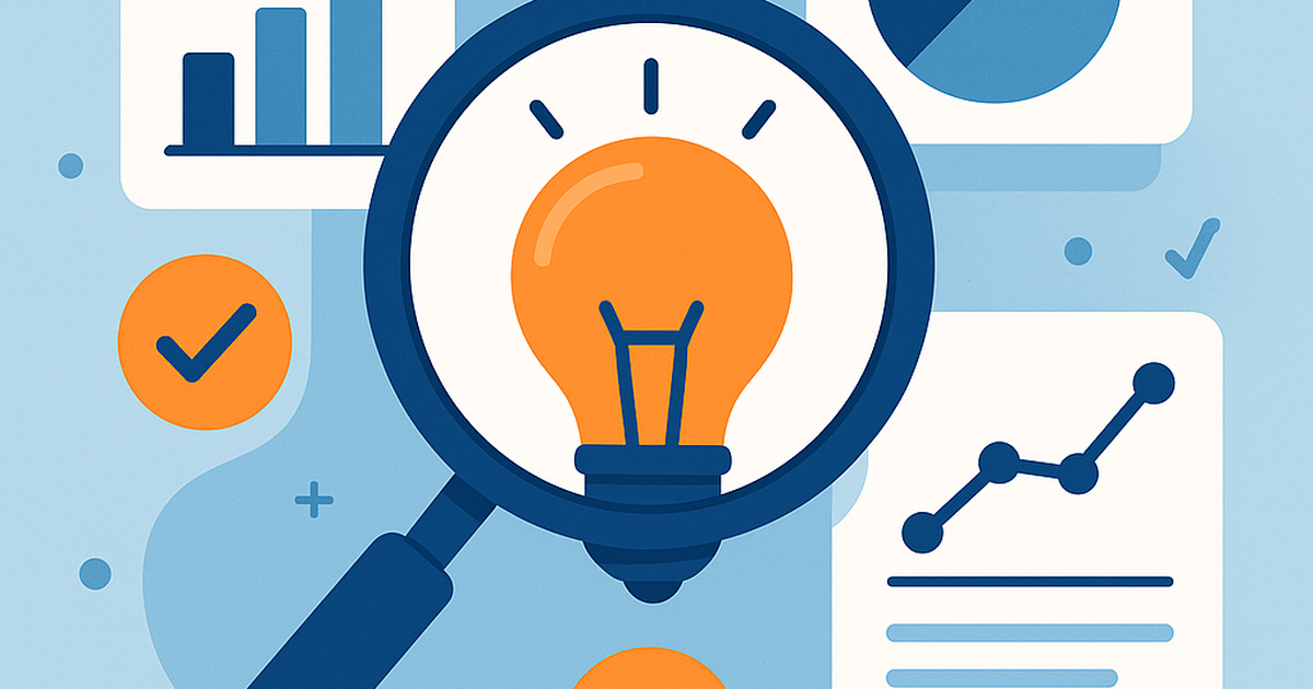 Startup idea validation concept illustration with magnifying glass, lightbulb, and data analytics elements