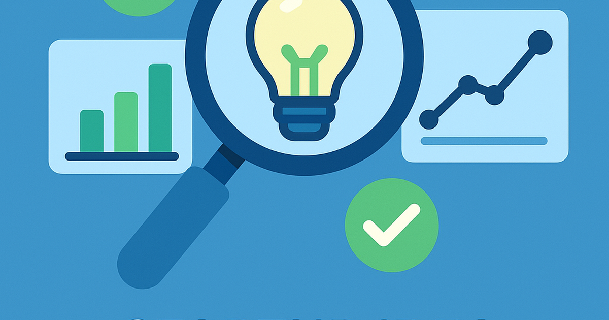 Startup idea validation concept illustration with magnifying glass, lightbulb, and data visualization elements
