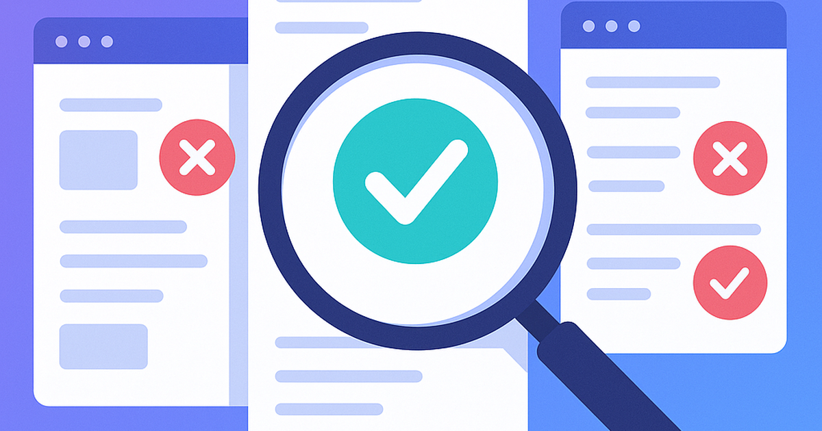 Software idea validation process illustration showing examination of interface designs with validation checkmarks and error indicators