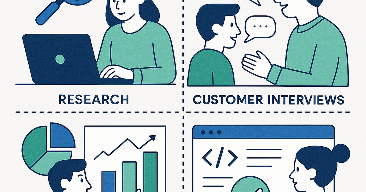 Software idea validation framework illustration showing research, interviews, and testing phases