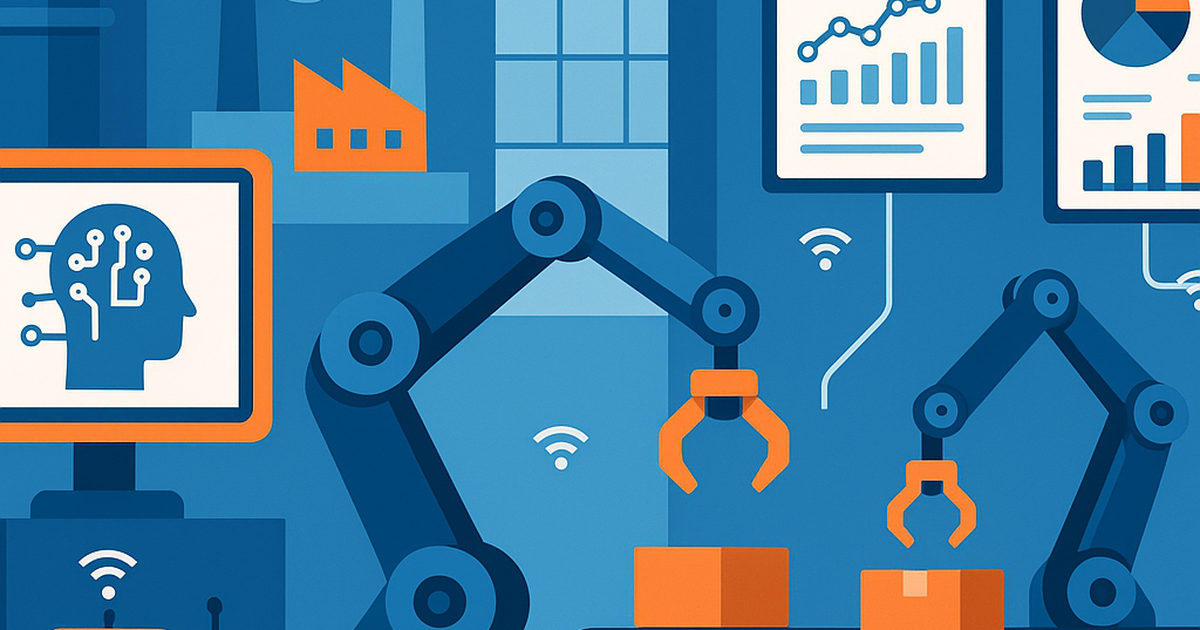 Modern manufacturing facility featuring AI-powered automation systems and data analytics displays showing operational process improvements