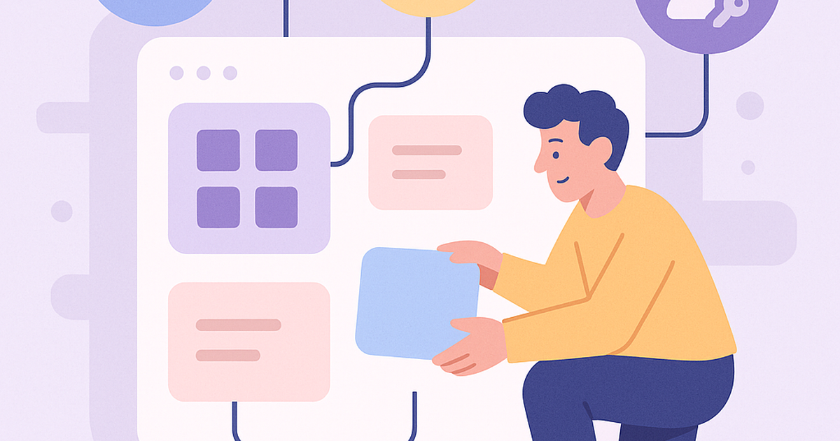 Illustration of a founder visually assembling a SaaS application using no-code platform building blocks including database, billing, and user management components