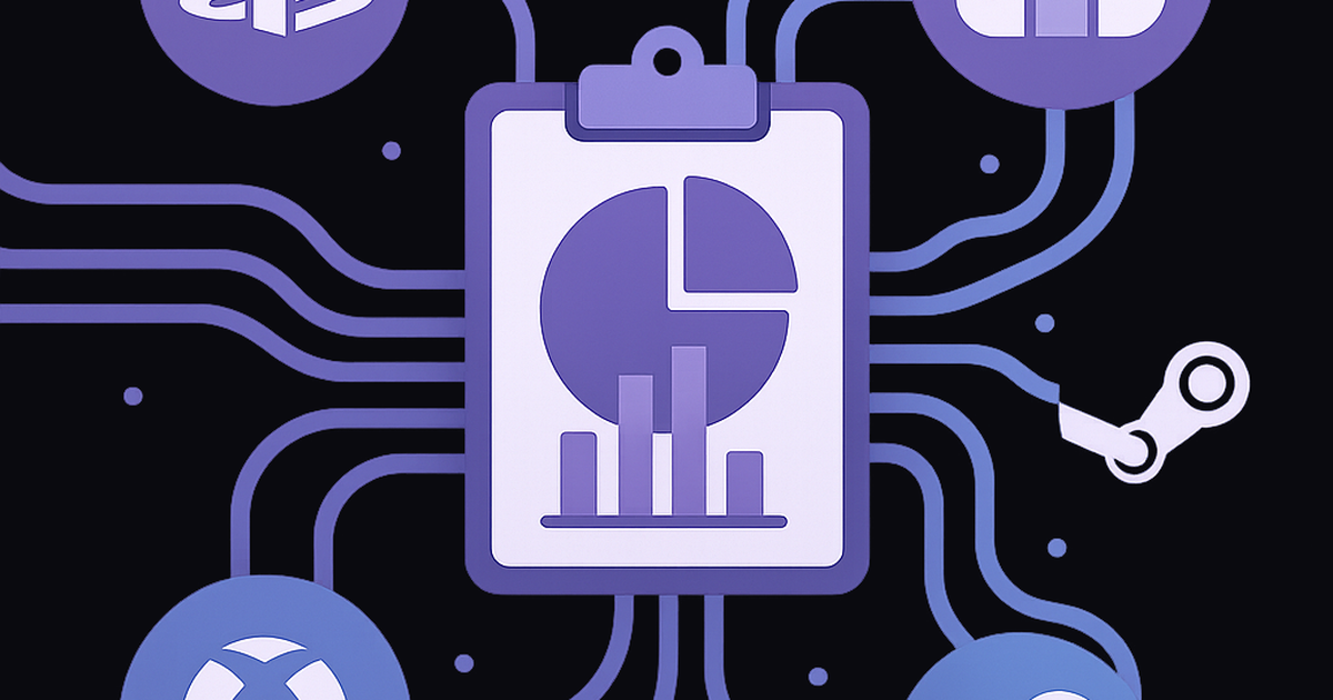 Gaming marketplace platform comparison illustration with connected platform icons and data flow visualization