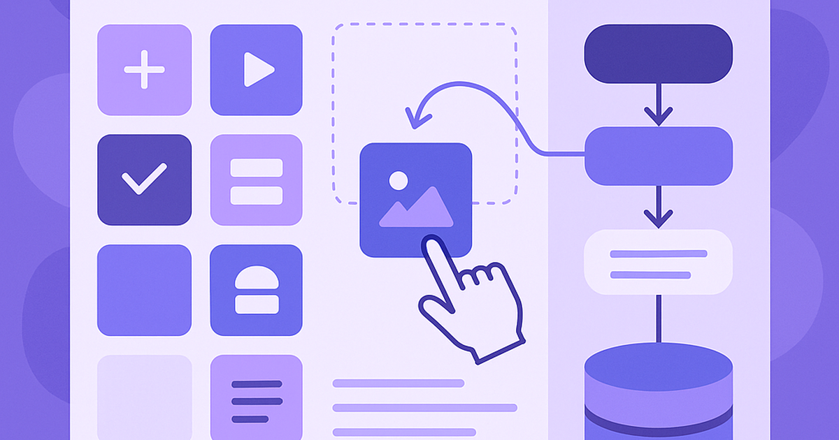 Visual representation of no-code SaaS development platform with drag-and-drop interface, workflow builders, and component library