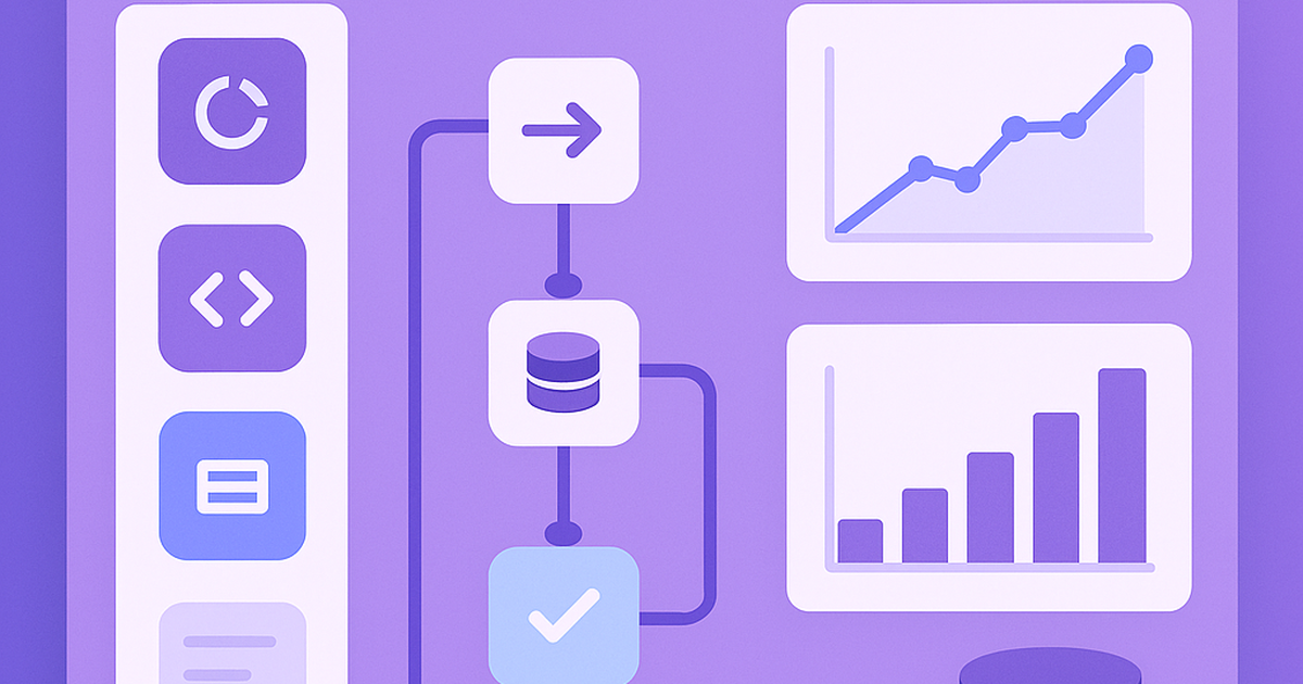 No-code SaaS development platform interface showing visual workflow builder with business analytics