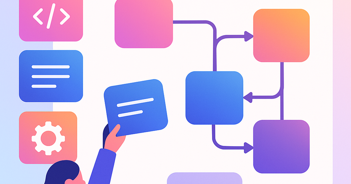 No code SaaS development interface with visual building blocks and drag-and-drop elements representing modern software creation