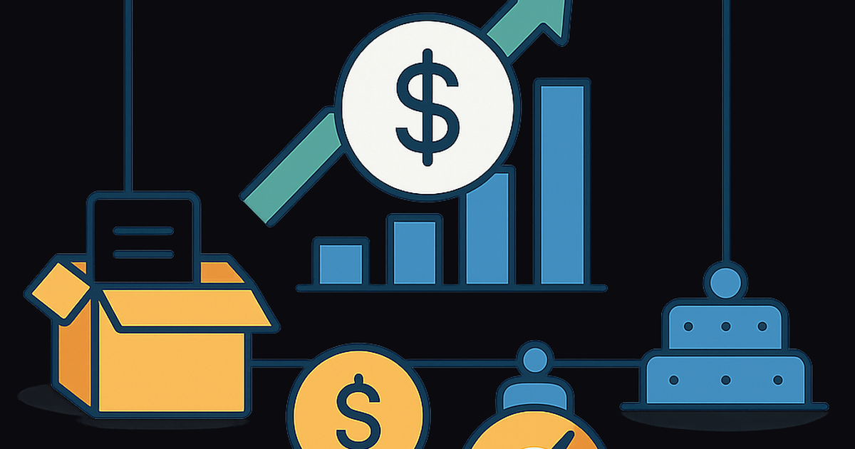 Illustration depicting various revenue models for no-code assets, including a subscription icon, a one-time purchase coin, a tiered pricing structure, and a usage meter, all connected to digital products.
