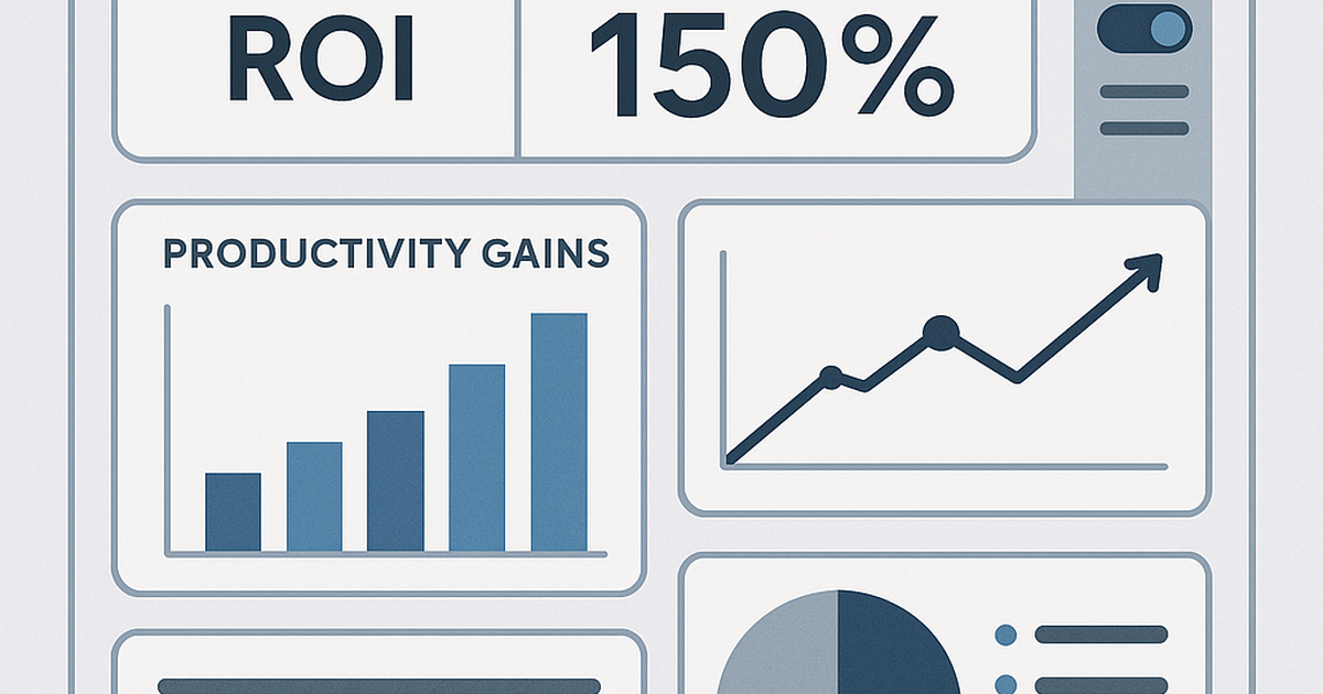 Enterprise AI tools ROI dashboard showing productivity metrics and business performance indicators