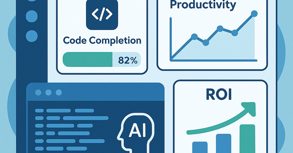 Analytics dashboard showing AI development ROI metrics with productivity graphs and code completion statistics