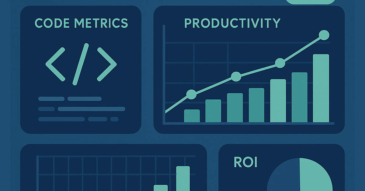 AI development ROI measurement dashboard showing code quality metrics and productivity analytics