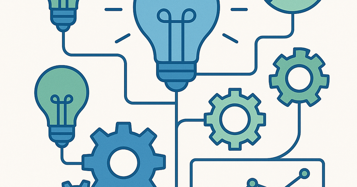 Systematic idea generation framework illustration with connected innovation elements and data analysis charts