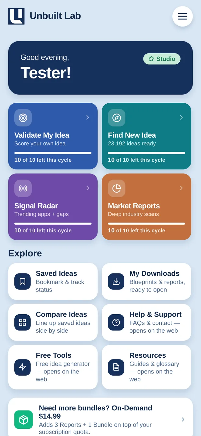Unbuilt Lab app — Dashboard