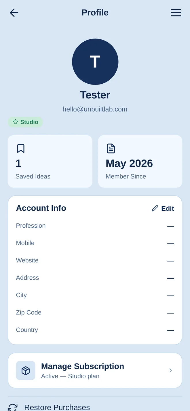Unbuilt Lab app — Menu