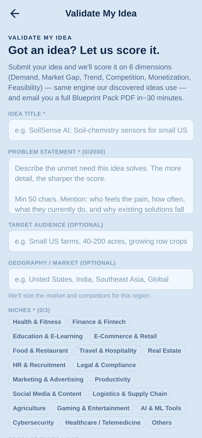 Unbuilt Lab app — Validate My Idea